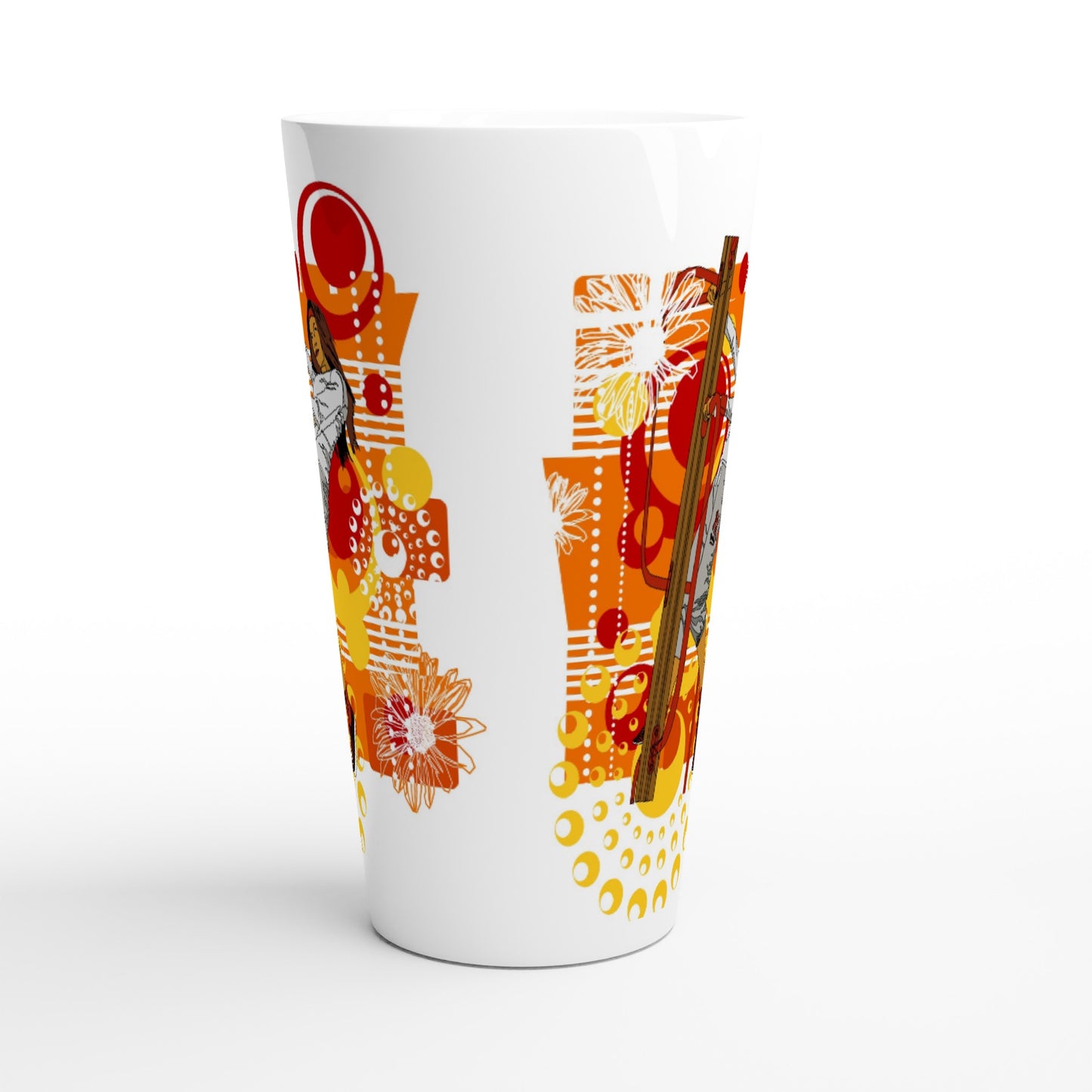 White Latte 17oz Ceramic Mug - Girl on wooden stands steps-Abstract Graphics Background