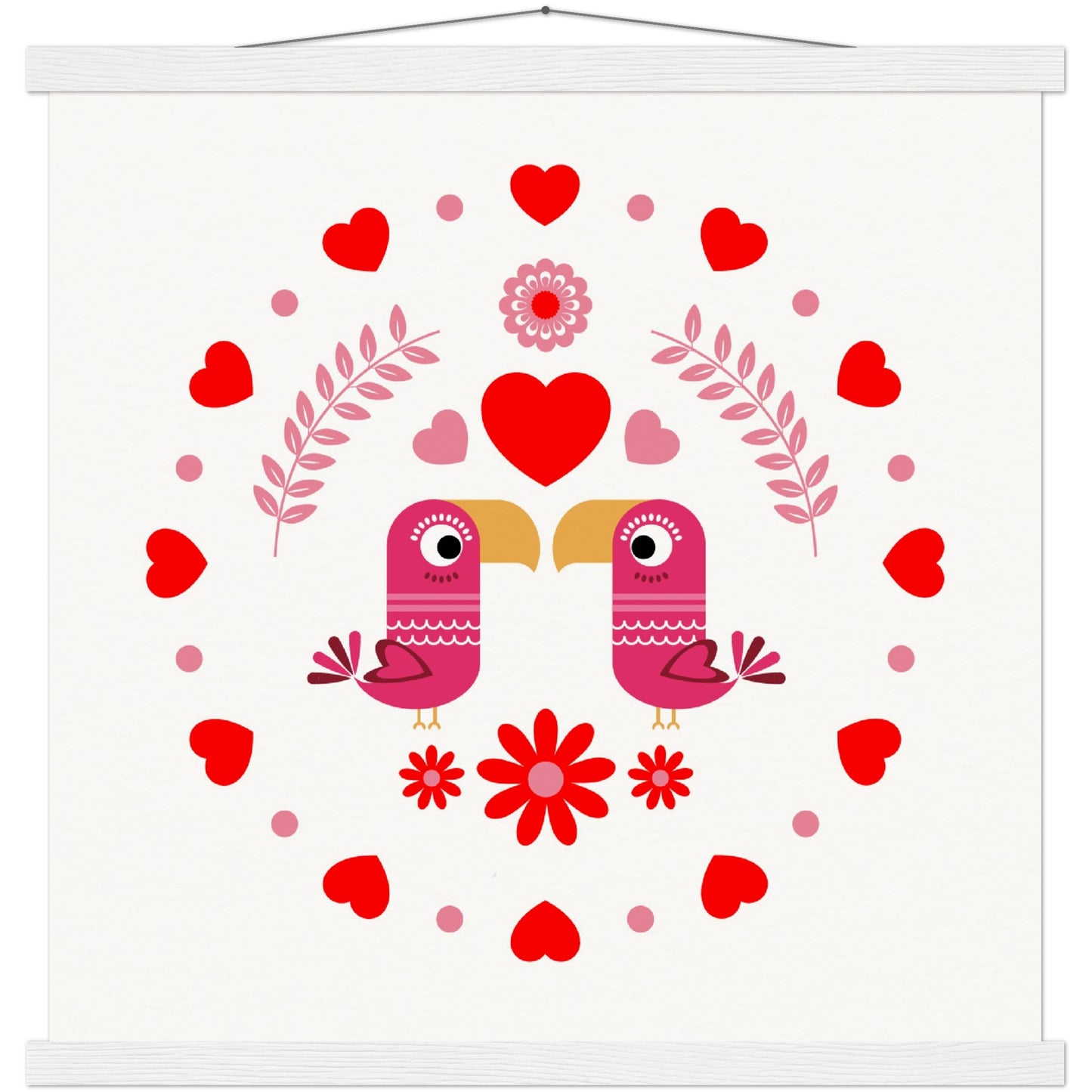 Museum-Quality Matte Paper Poster & Hanger - Birds Mirrored with Floral-Botanical and Circling Hearts - Valentine