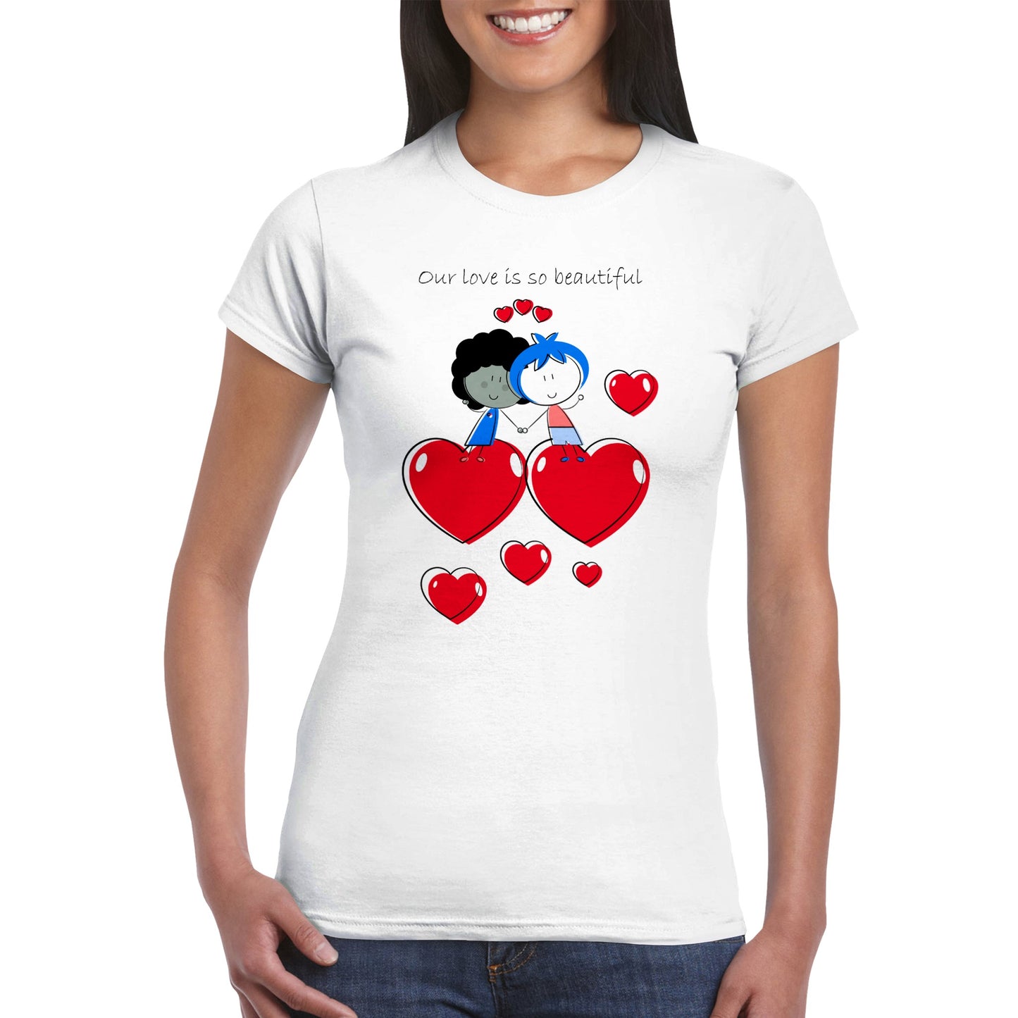 Classic Womens Crewneck T-shirt - Couple Standing and Holding Hands On Hearts - Valentine