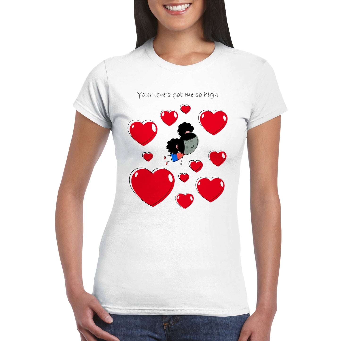 Classic Womens Crewneck T-shirt - Girl Flying Between Hearts - Valentine