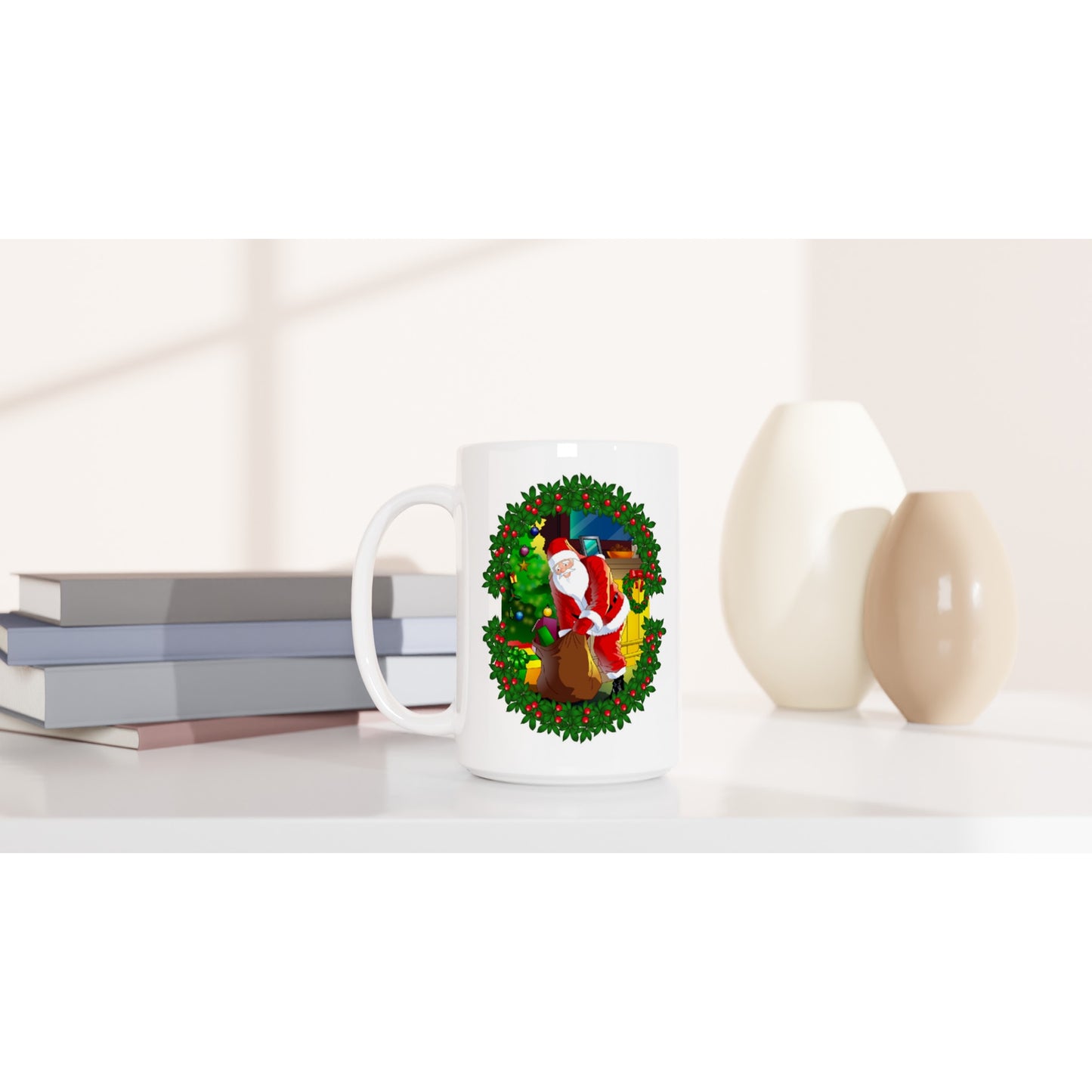 White 15oz Ceramic Mug Santa-fireplace-Reath