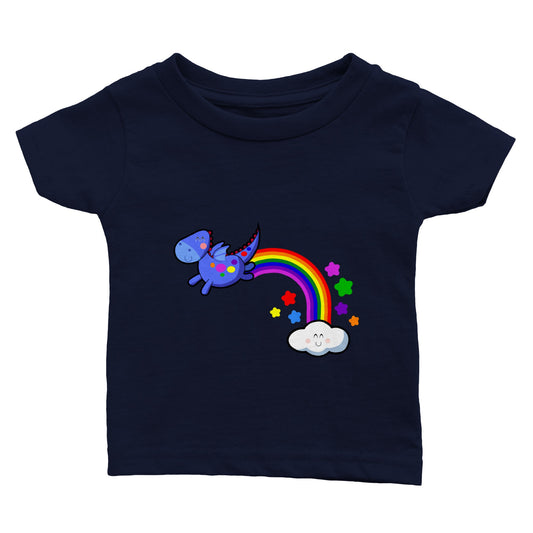 Classic Baby Crewneck T-shirt Cute Dragon flying with Rainbow