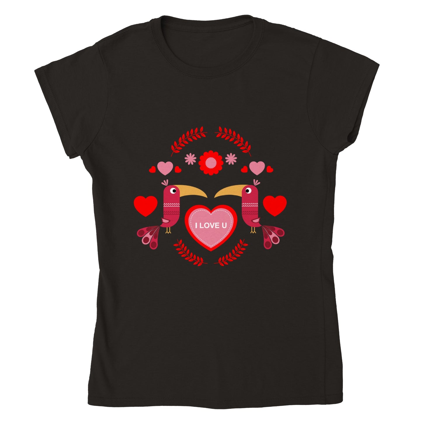 Classic Womens Crewneck T-shirt - Birds Mirrored with Floral-Botanical and Circling Hearts - Valentine