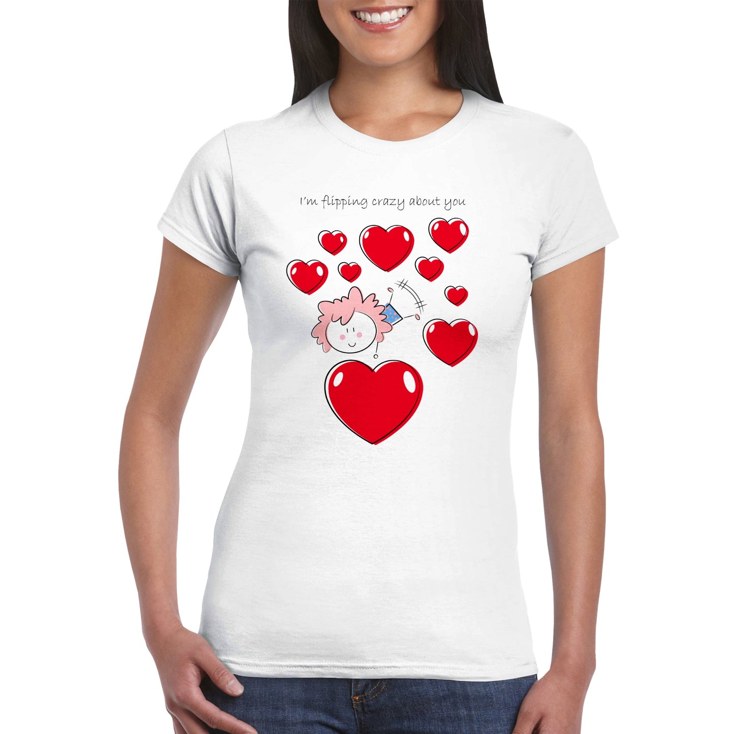 Classic Womens Crewneck T-shirt - Girl doing a Flip Between Hearts - Valentine