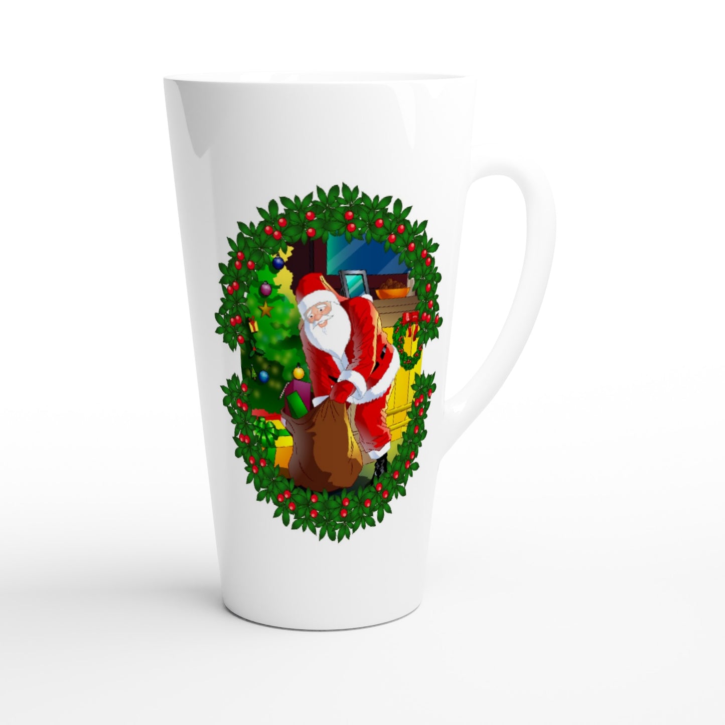 White Latte 17oz Ceramic Mug Santa-fireplace-Reath