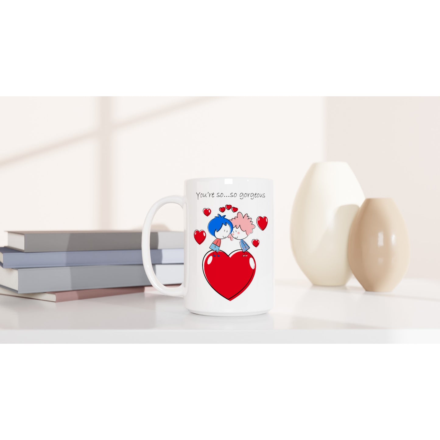 White 15oz Ceramic Mug - Couple Gazing at Each Other On Heart - Valentine