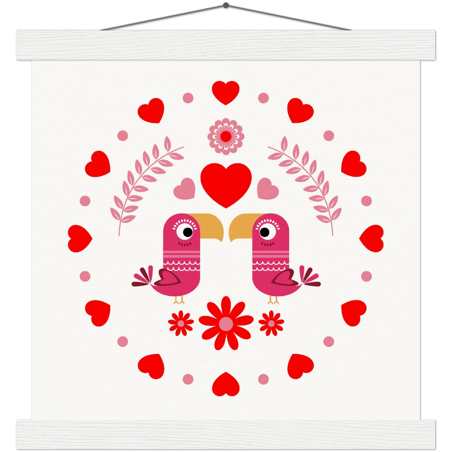 Museum-Quality Matte Paper Poster & Hanger - Birds Mirrored with Floral-Botanical and Circling Hearts - Valentine