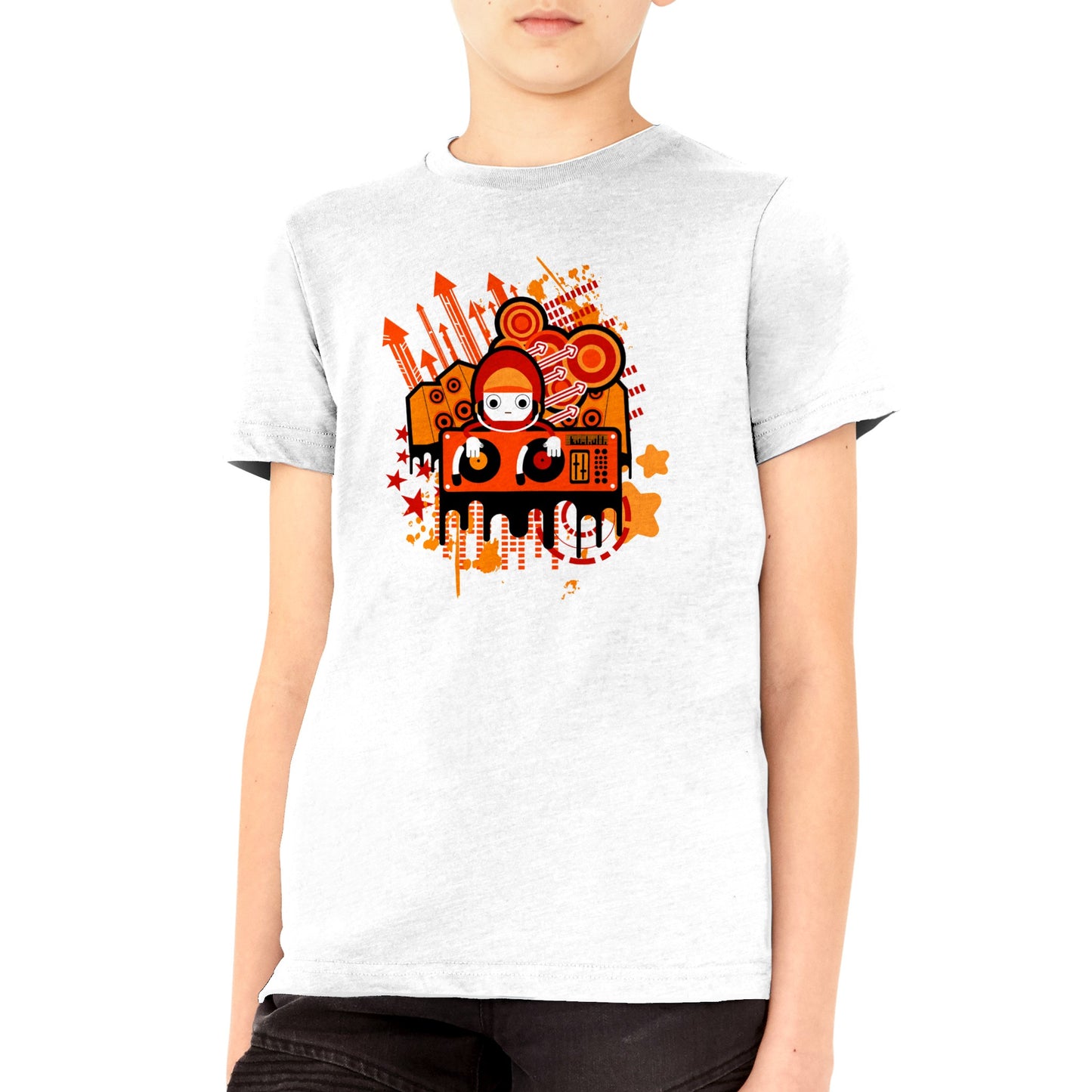 Premium Kids Crewneck T-shirt - Graphic Cartoon of a DJ on a Deck....Orange mixture.