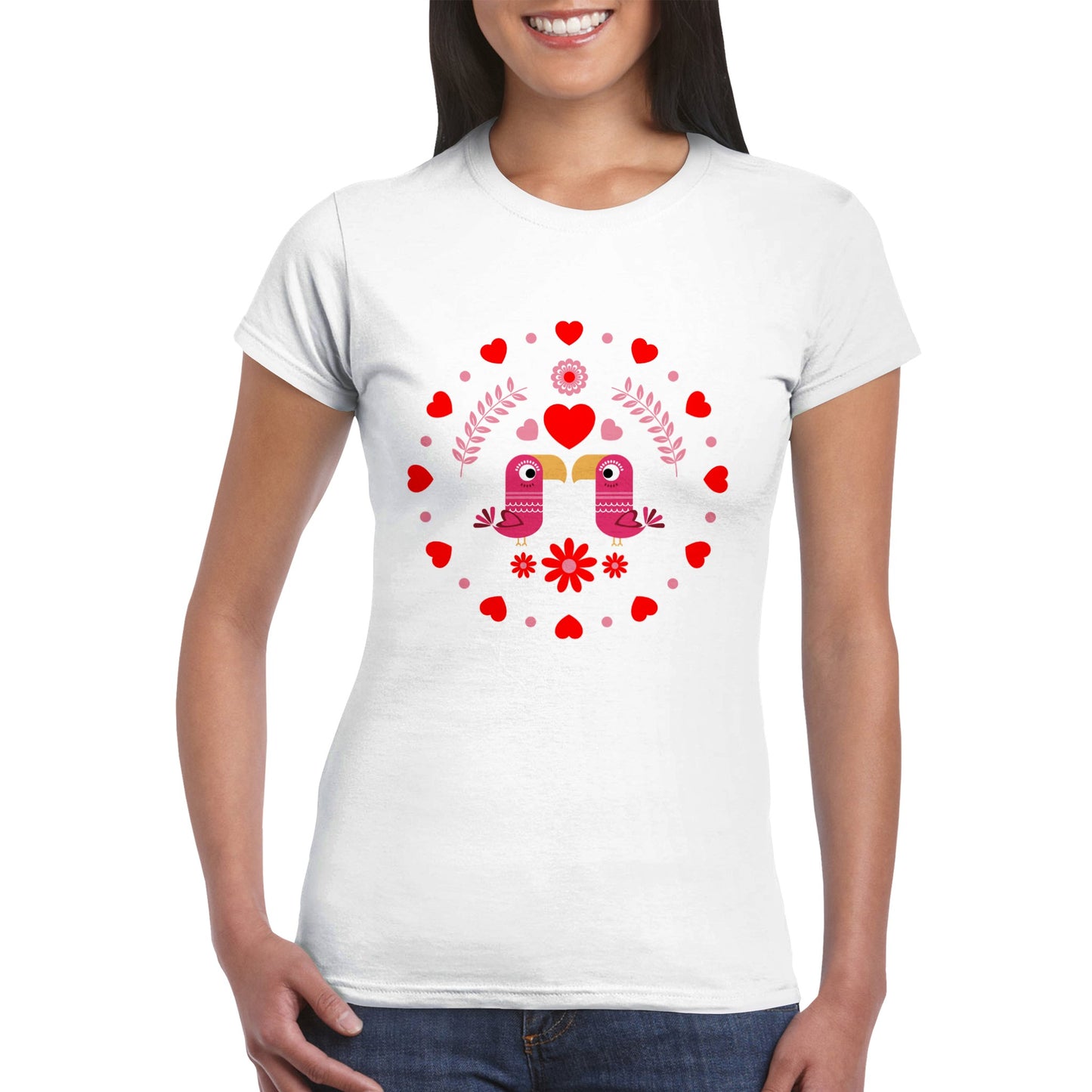 Classic Womens Crewneck T-shirt - Birds Mirrored with Floral-Botanical and Circling Hearts - Valentine