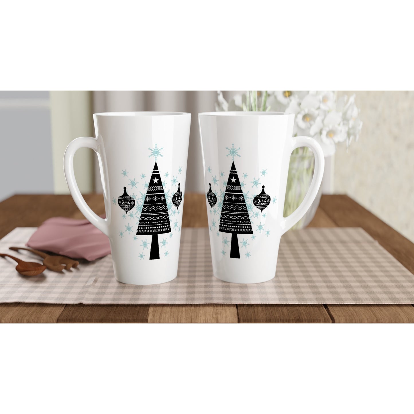 White Latte 17oz Ceramic Mug  Decorative Christmas Tree-Baubles-Snow Crystals