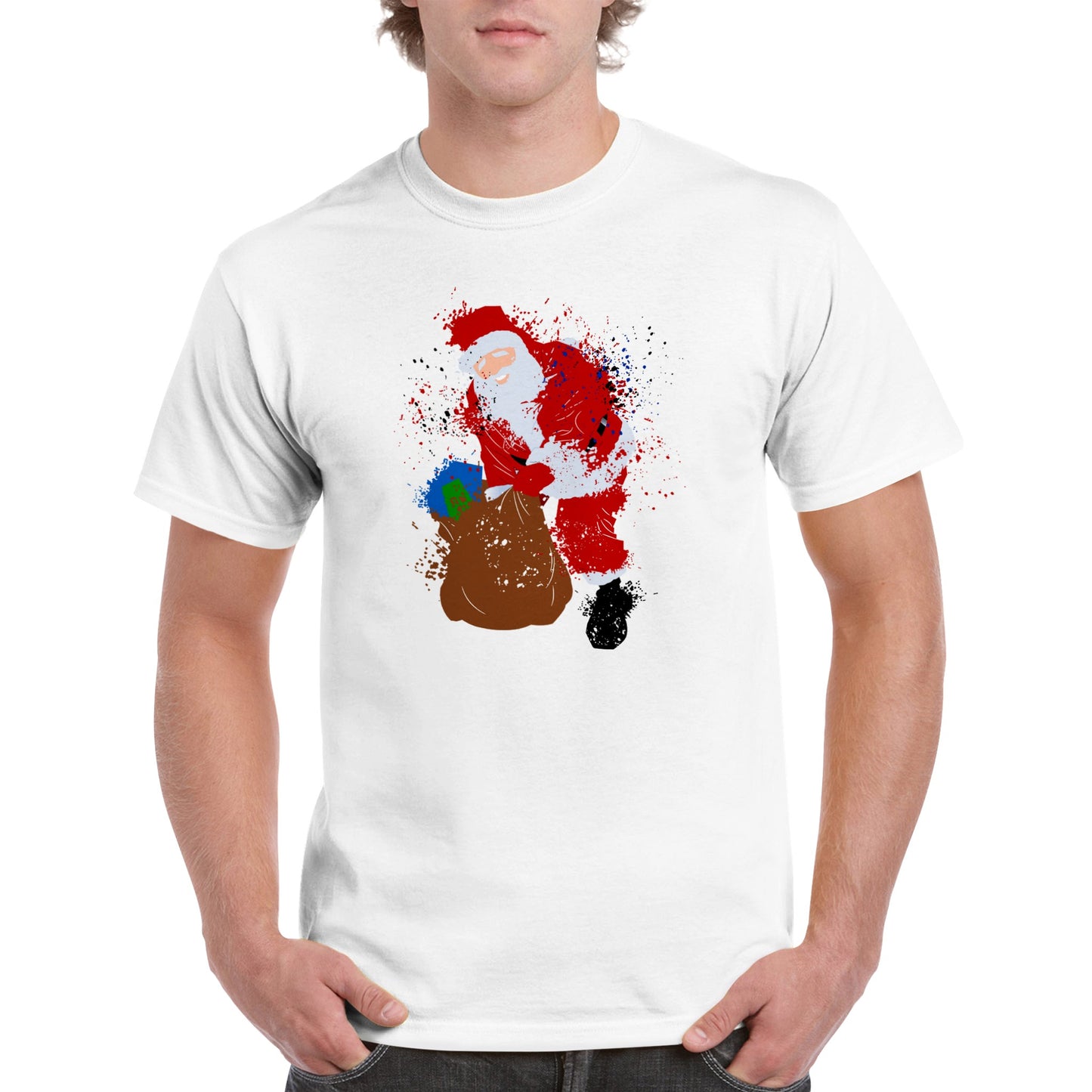 Men's Heavyweight Unisex Crewneck T-shirt Santa with Presents-splattered paint