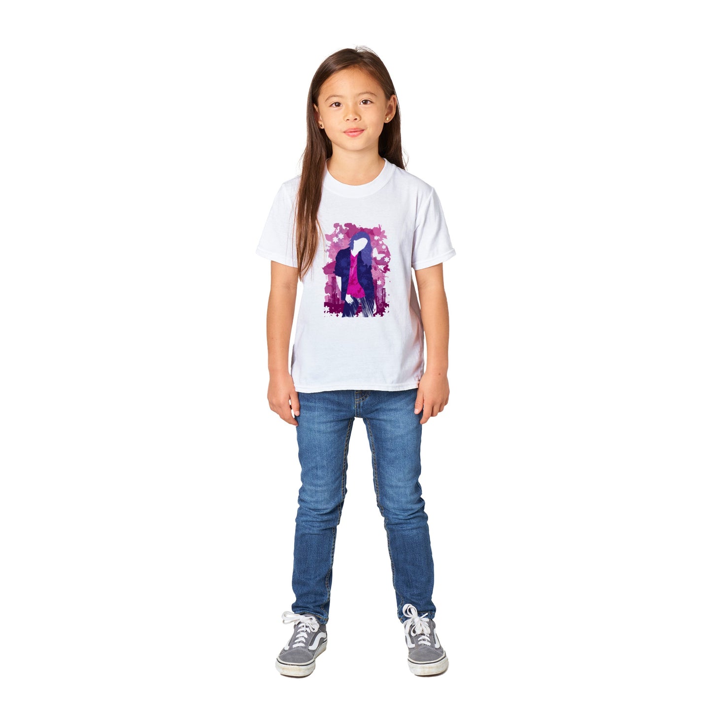 Classic Kids Crewneck T-shirt - Girl in Blue Jeans and Pink Shirt with City Skylines - Graphic Wash