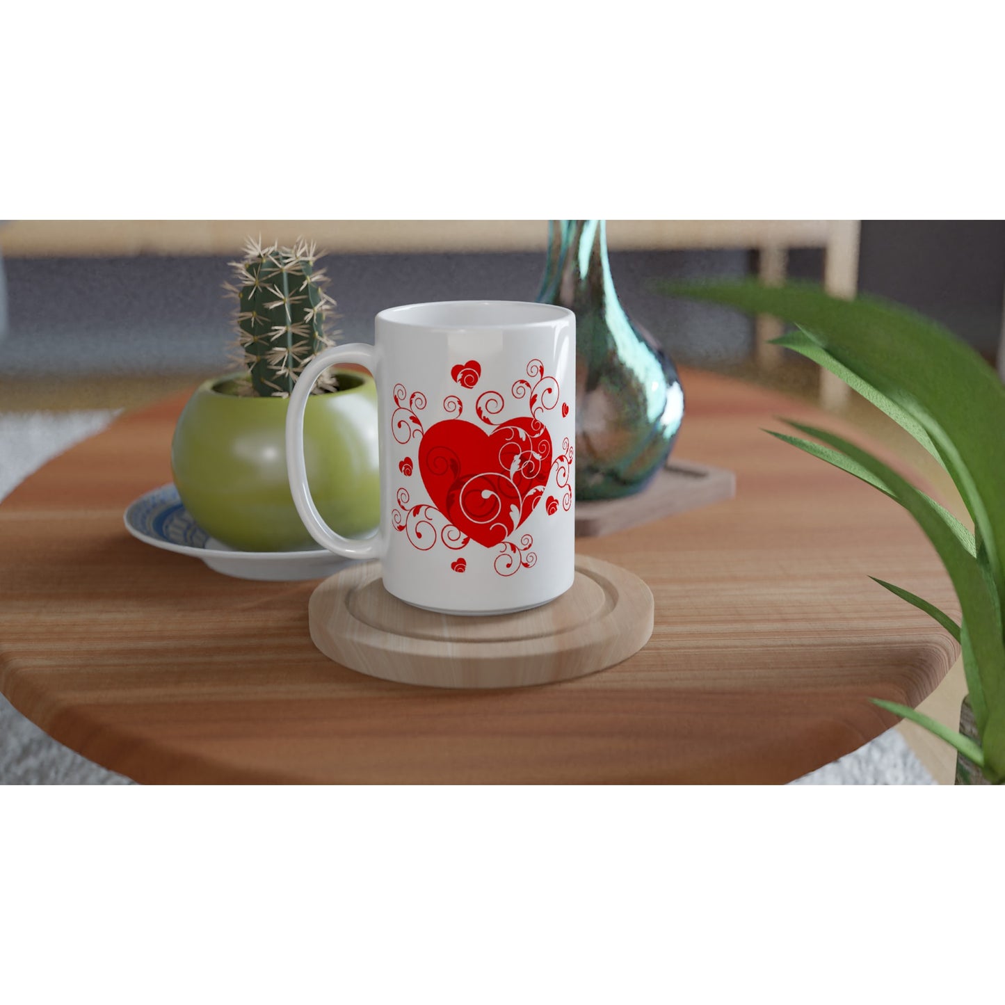 White 15oz Ceramic Mug - Beautiful Heart with Organic design - Valentine