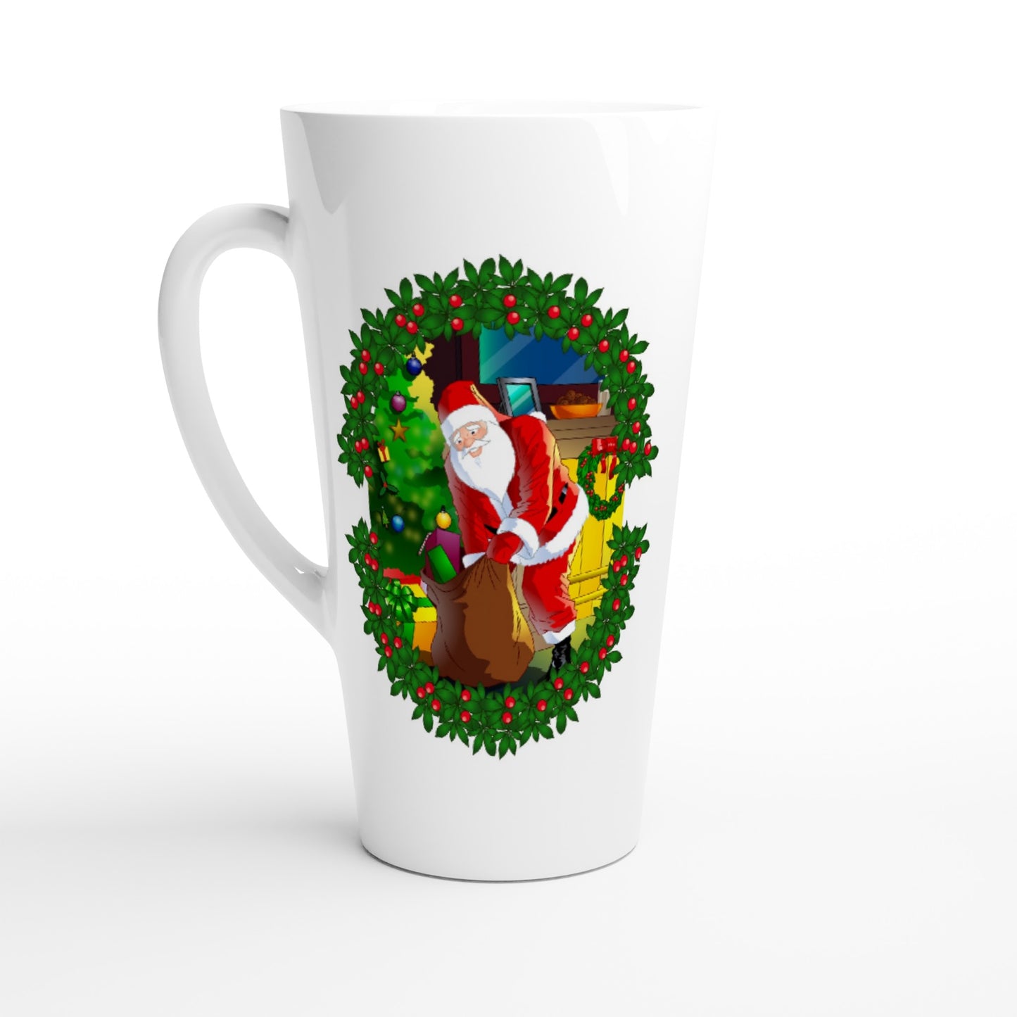 White Latte 17oz Ceramic Mug Santa-fireplace-Reath