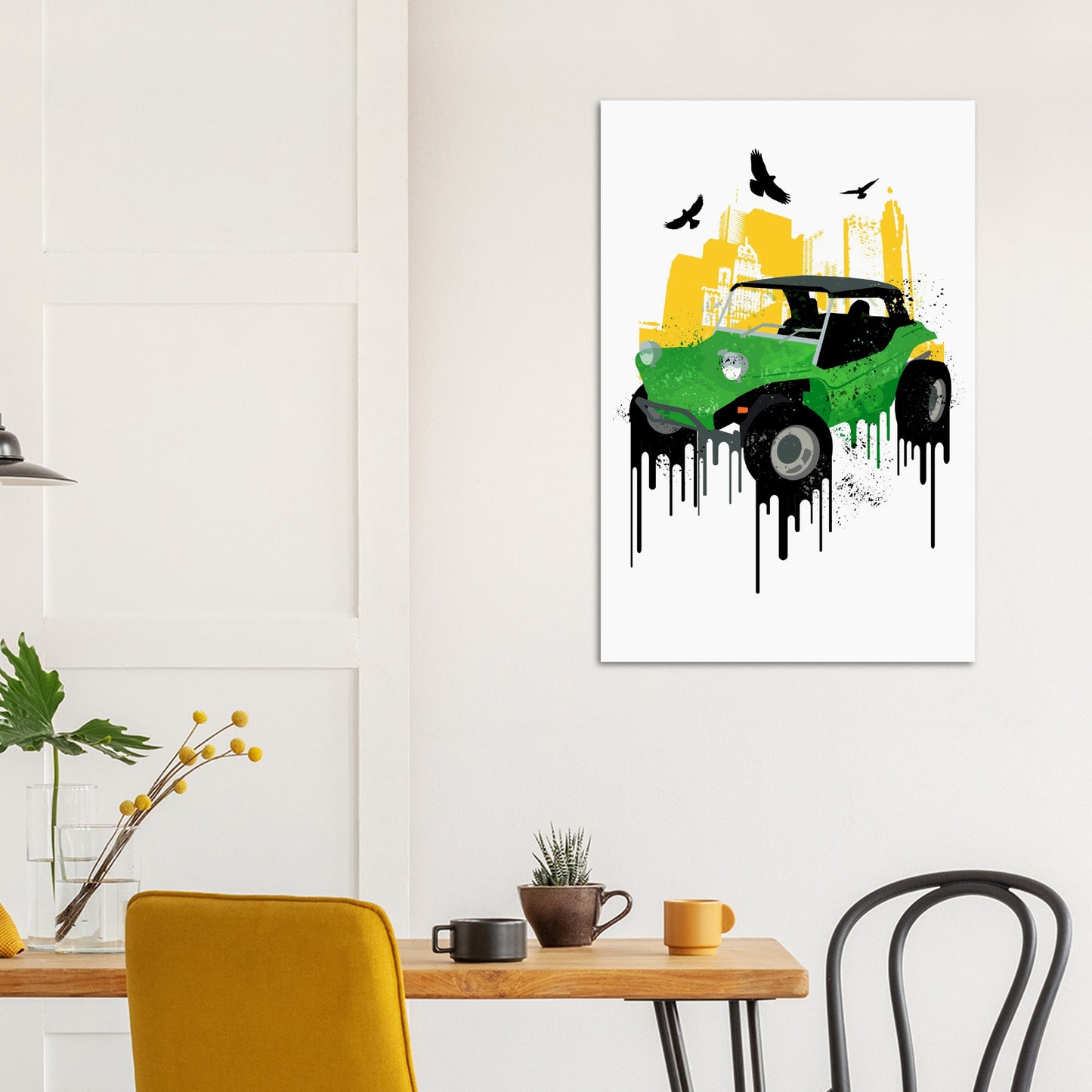 Premium Matte Paper Poster - Dune Buggy with City Background and Birds. Graphic Paint