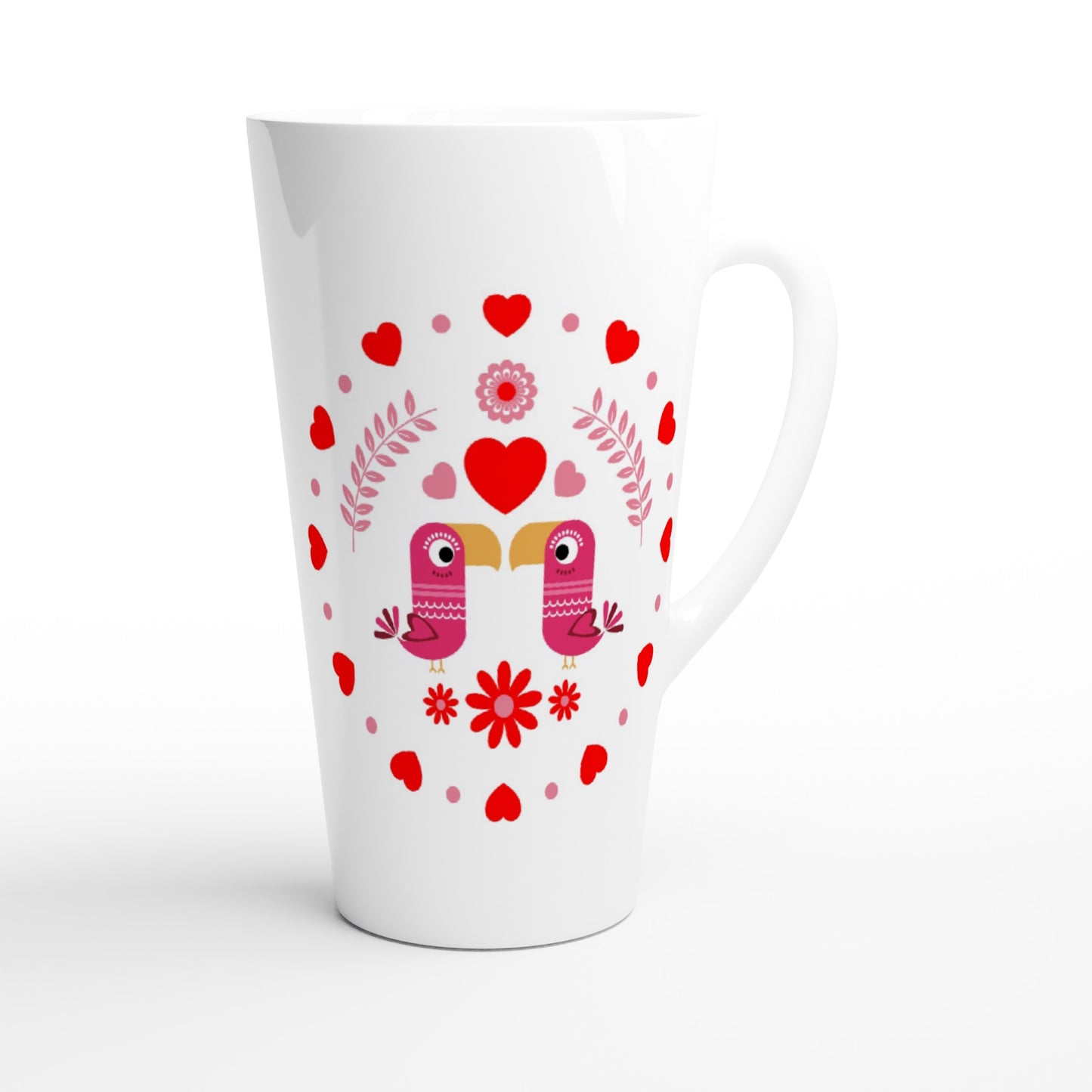 White Latte 17oz Ceramic Mug - Birds Mirrored with Floral-Botanical and Circling Hearts - Valentine