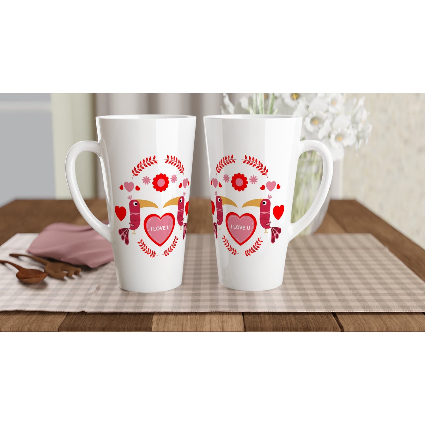 White Latte 17oz Ceramic Mug - Birds Mirrored with Floral-Botanical and Hearts - Valentine