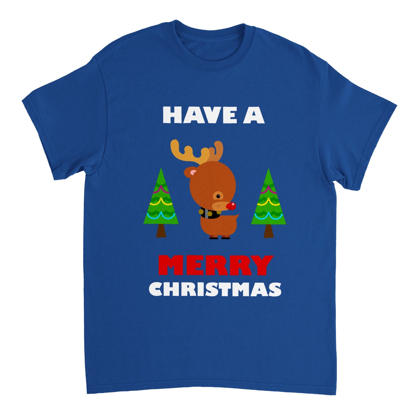 Womens Heavyweight Unisex Crewneck T-shirt Baby looking Rudolf with Christmas trees