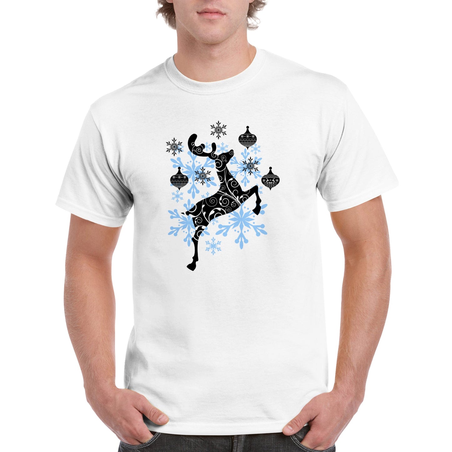 Men's Heavyweight Unisex Crewneck T-shirt Reindeer-Decorative Baubles-Snow Crystals