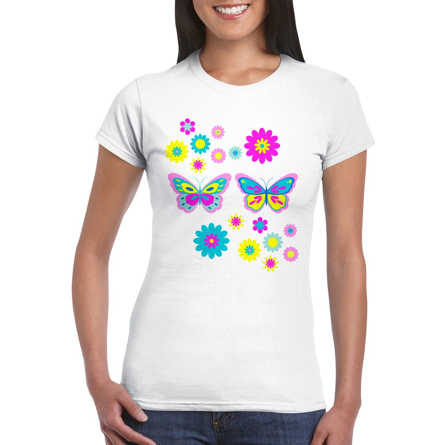 Classic Womens Crewneck T-shirt - Beautiful Graphic Floral and Butterflies in vibrant colours