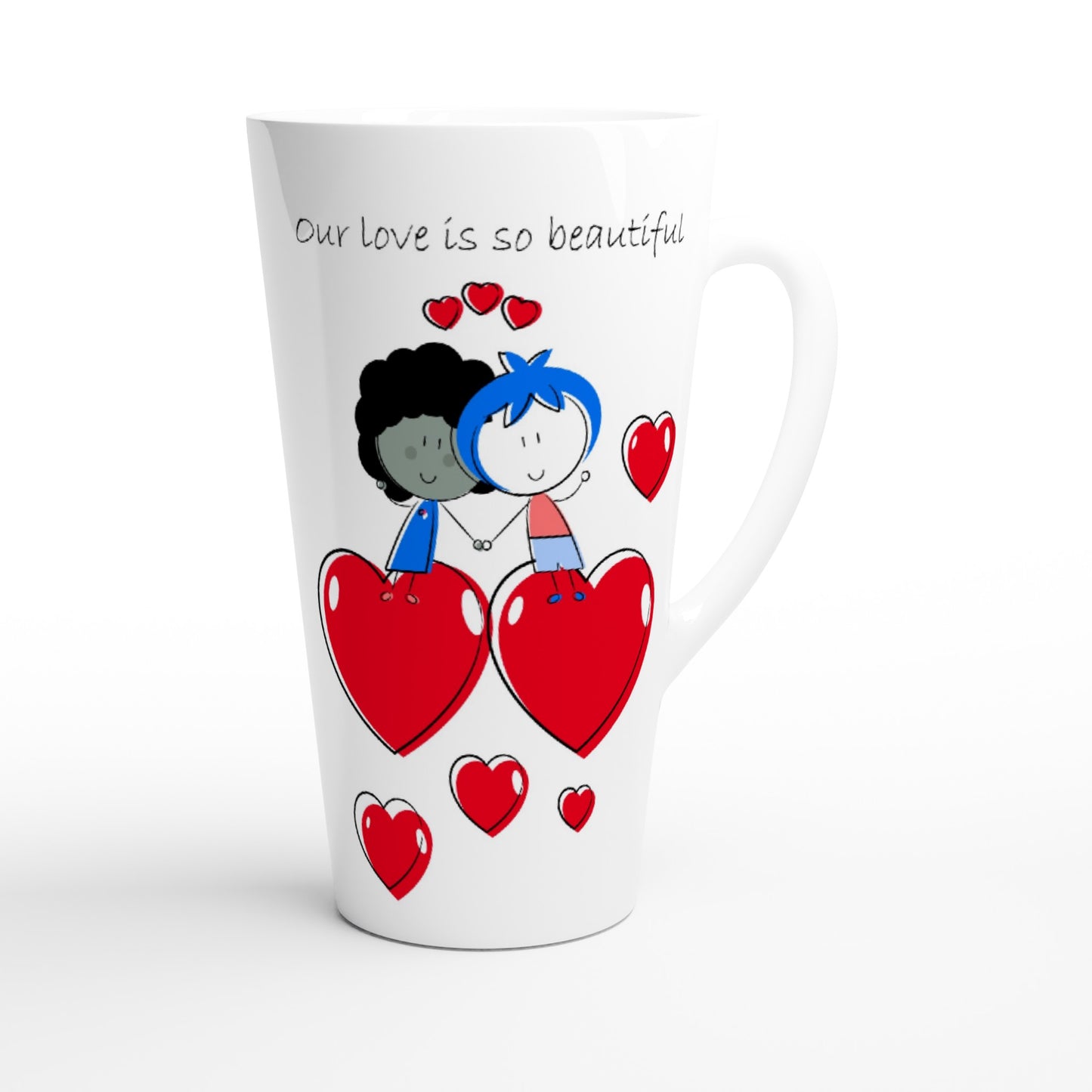 White Latte 17oz Ceramic Mug - Couple Standing and Holding Hands On Hearts - Valentine