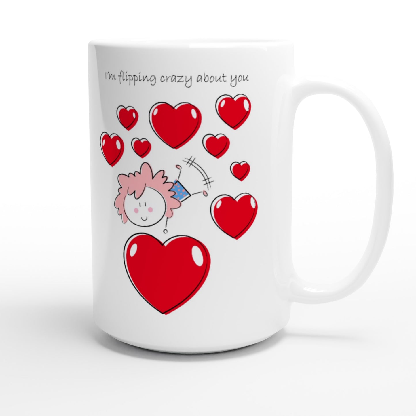 White 15oz Ceramic Mug - Girl doing a Flip Between Hearts - Valentine