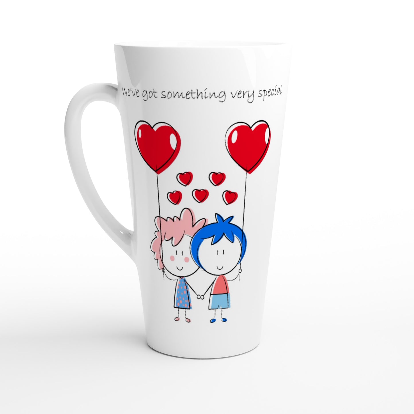 White Latte 17oz Ceramic Mug -  Couple Holding Heart Shaped Balloons - Valentine