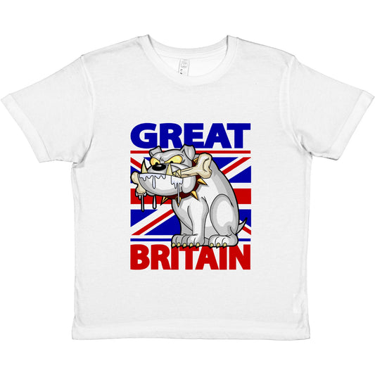 Premium Kids Crewneck T-shirt - Cartoon Bulldog with bone and Union Jack Flag