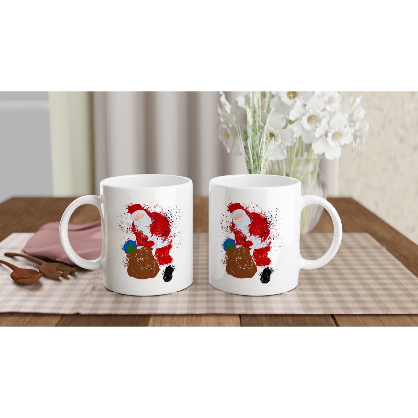 White 11oz Ceramic Mug Santa with Presents - Splattered paint