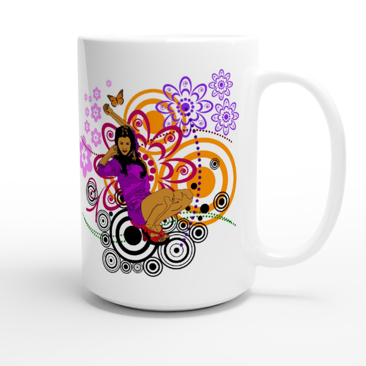 White 15oz Ceramic Mug - Girl in Purple - Top & Shorts - Graphic Floral