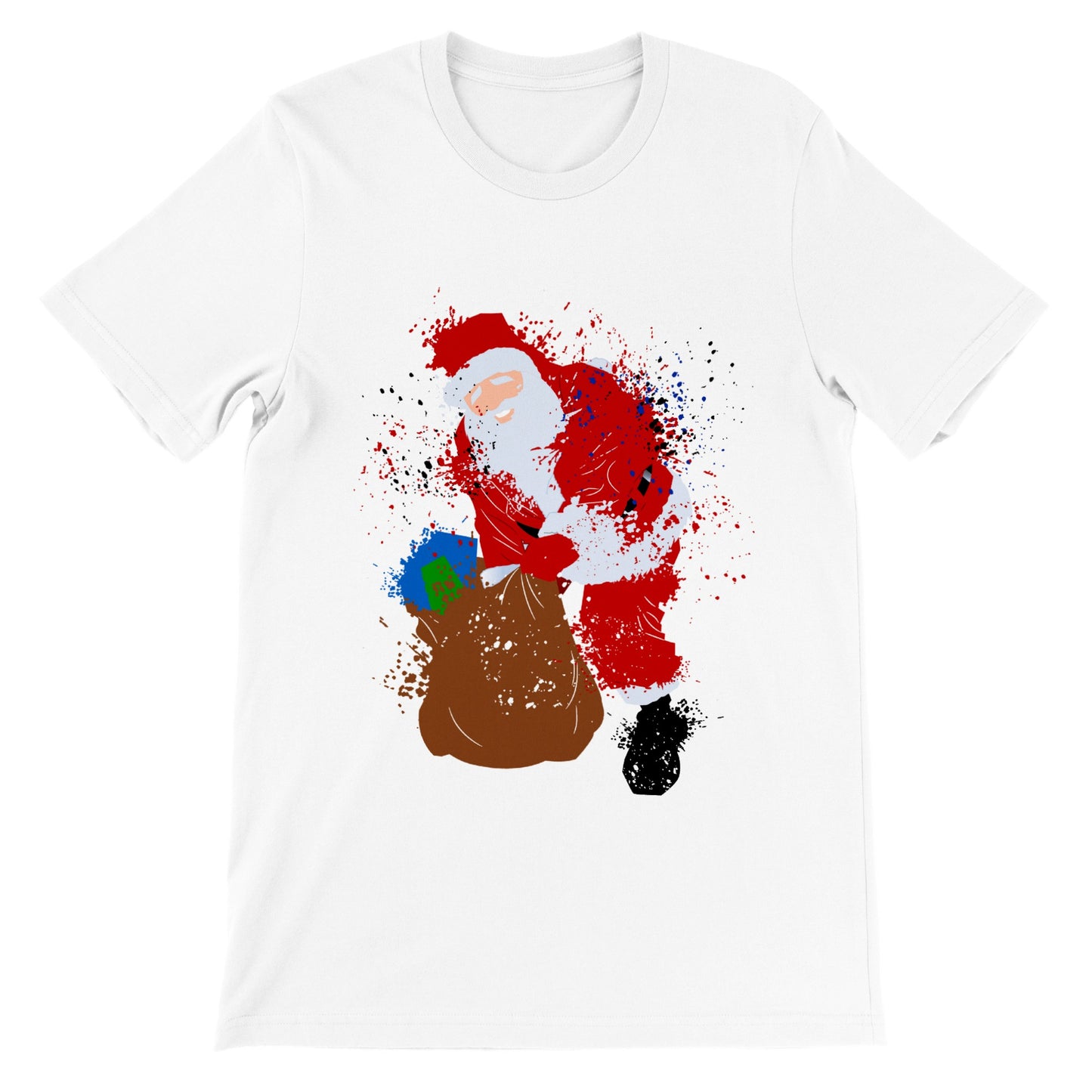 Womens Premium Unisex Crewneck T-shirt Santa with Presents- Splattered paint