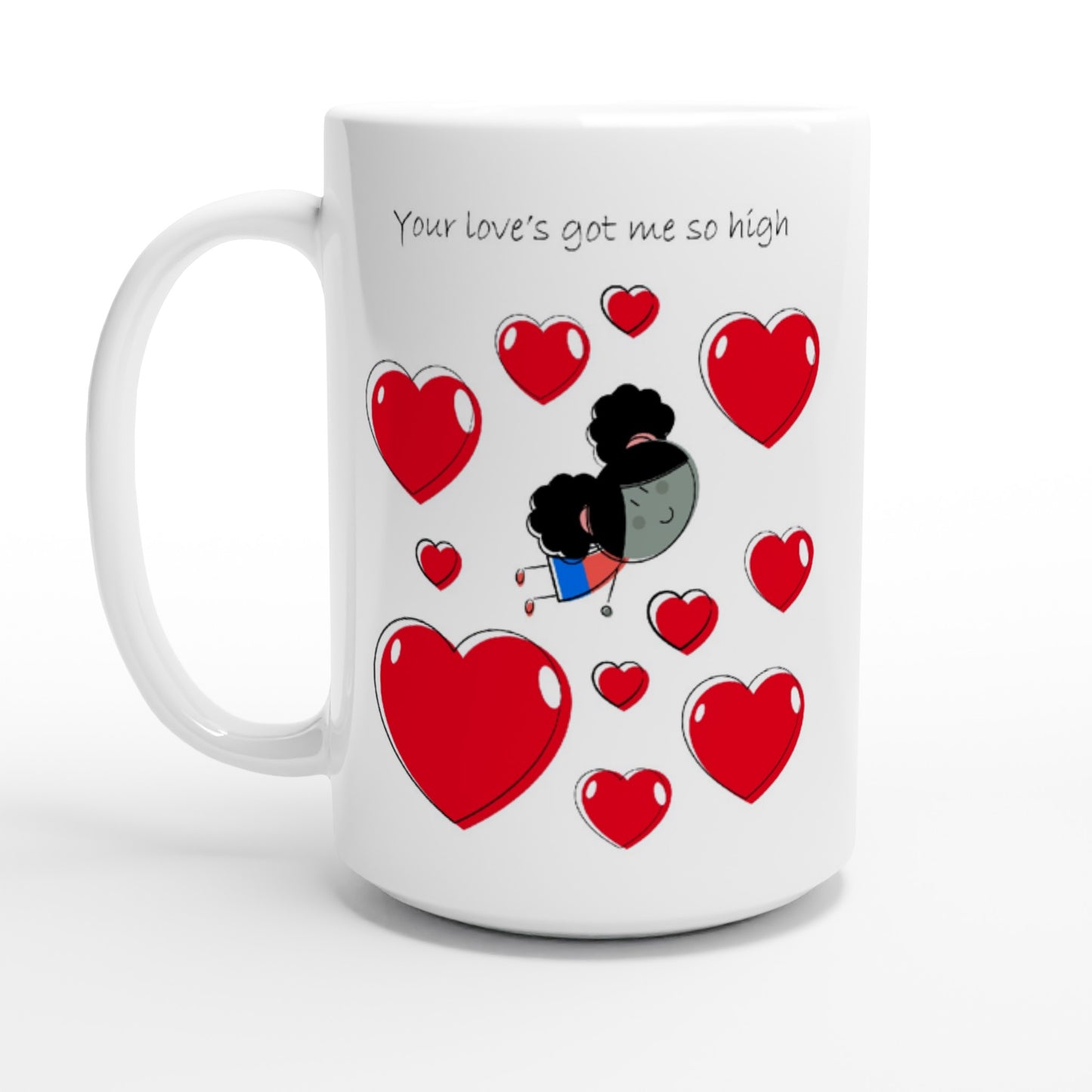 White 15oz Ceramic Mug - Girl Flying Between Hearts - Valentine