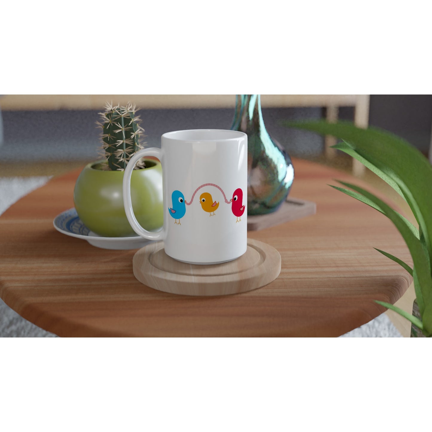 White 15oz Ceramic Mug - Birds Playing With Food