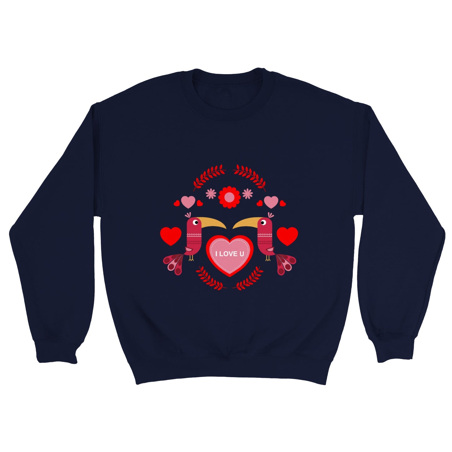 Classic Unisex Crewneck Sweatshirt - Birds Mirrored with Floral-Botanical and Hearts - Valentine