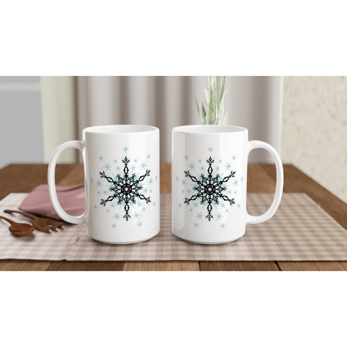 White 15oz Ceramic Mug Snow Crystals- Black and Blue