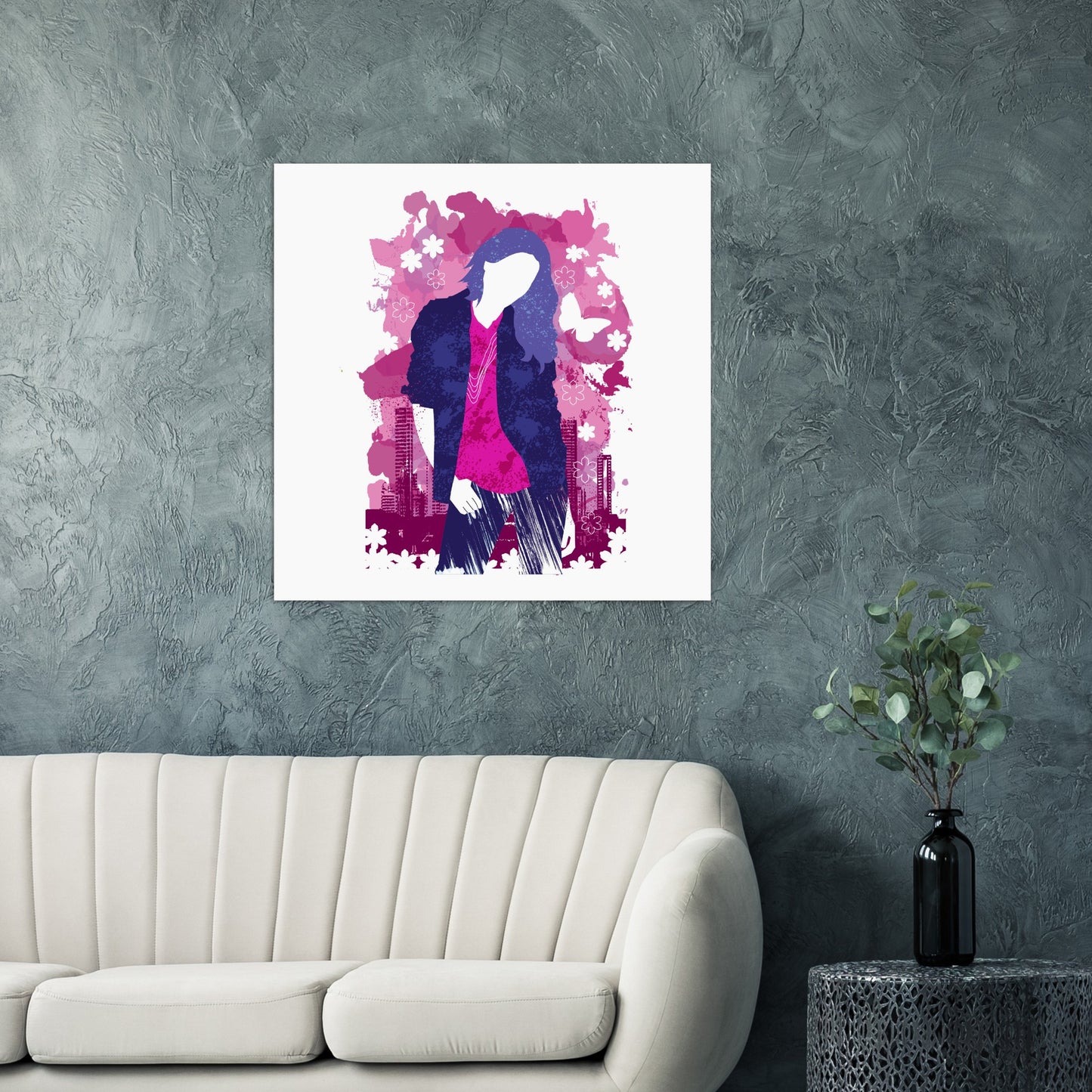 Premium Matte Paper Poster - Girl in Blue Jeans and Pink Shirt with City Skylines - Graphic Wash