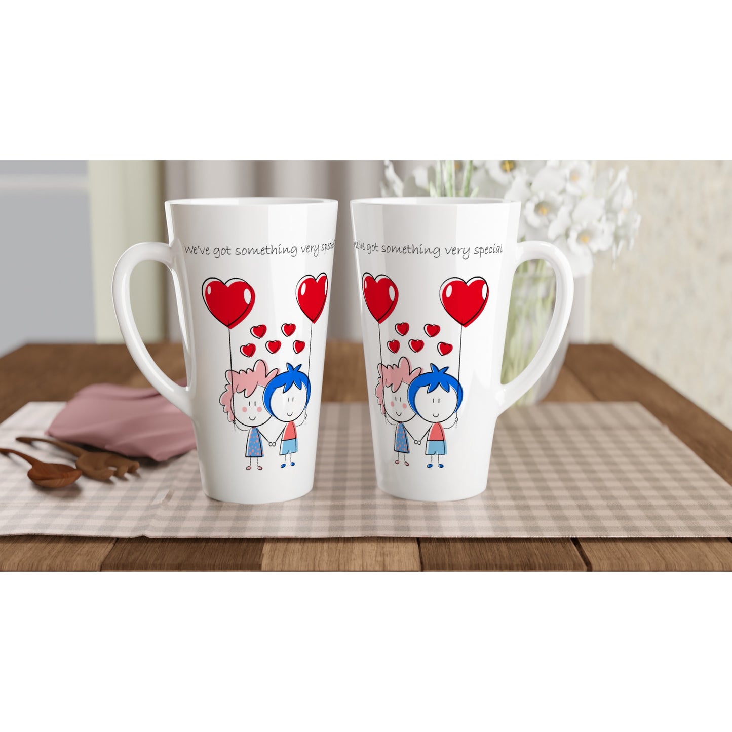 White Latte 17oz Ceramic Mug -  Couple Holding Heart Shaped Balloons - Valentine