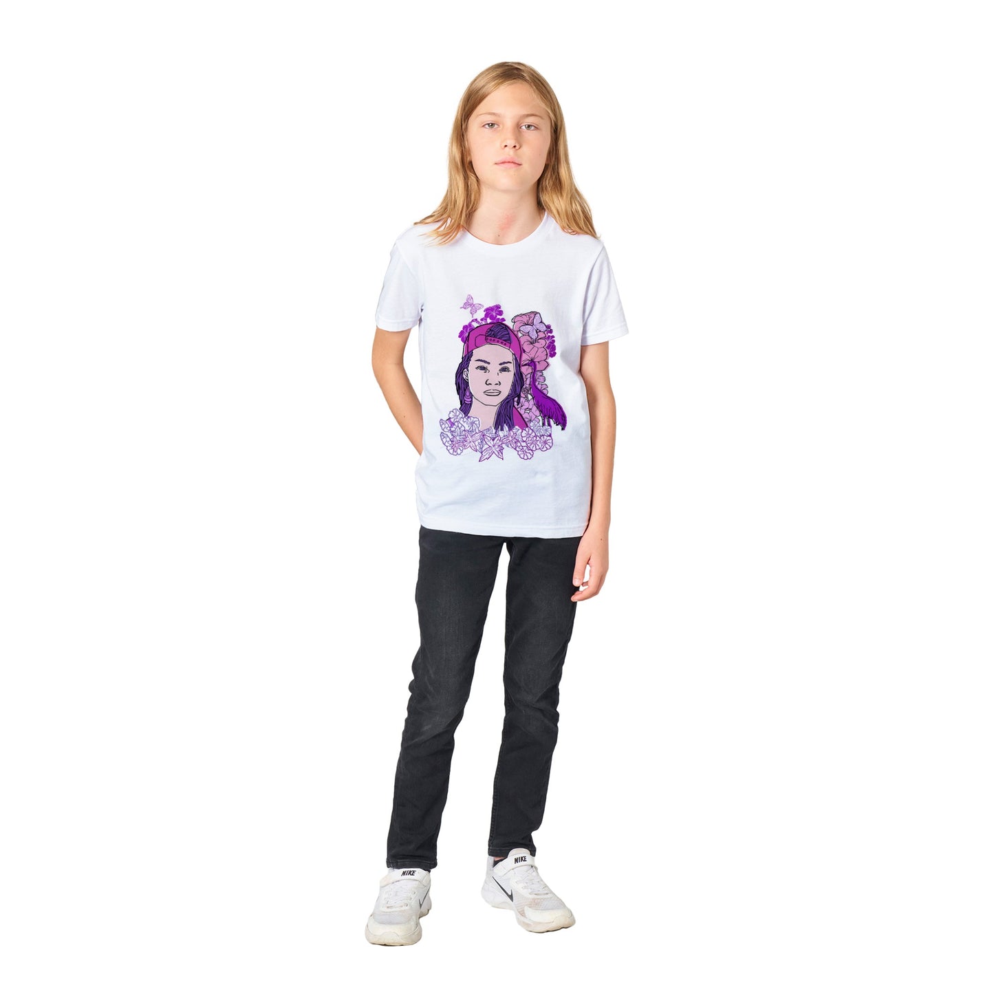 Premium Kids Crewneck T-shirt - Girl In Pink-Nature And Floral