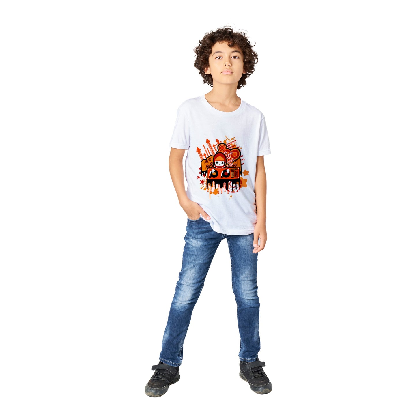 Premium Kids Crewneck T-shirt - Graphic Cartoon of a DJ on a Deck....Orange mixture.