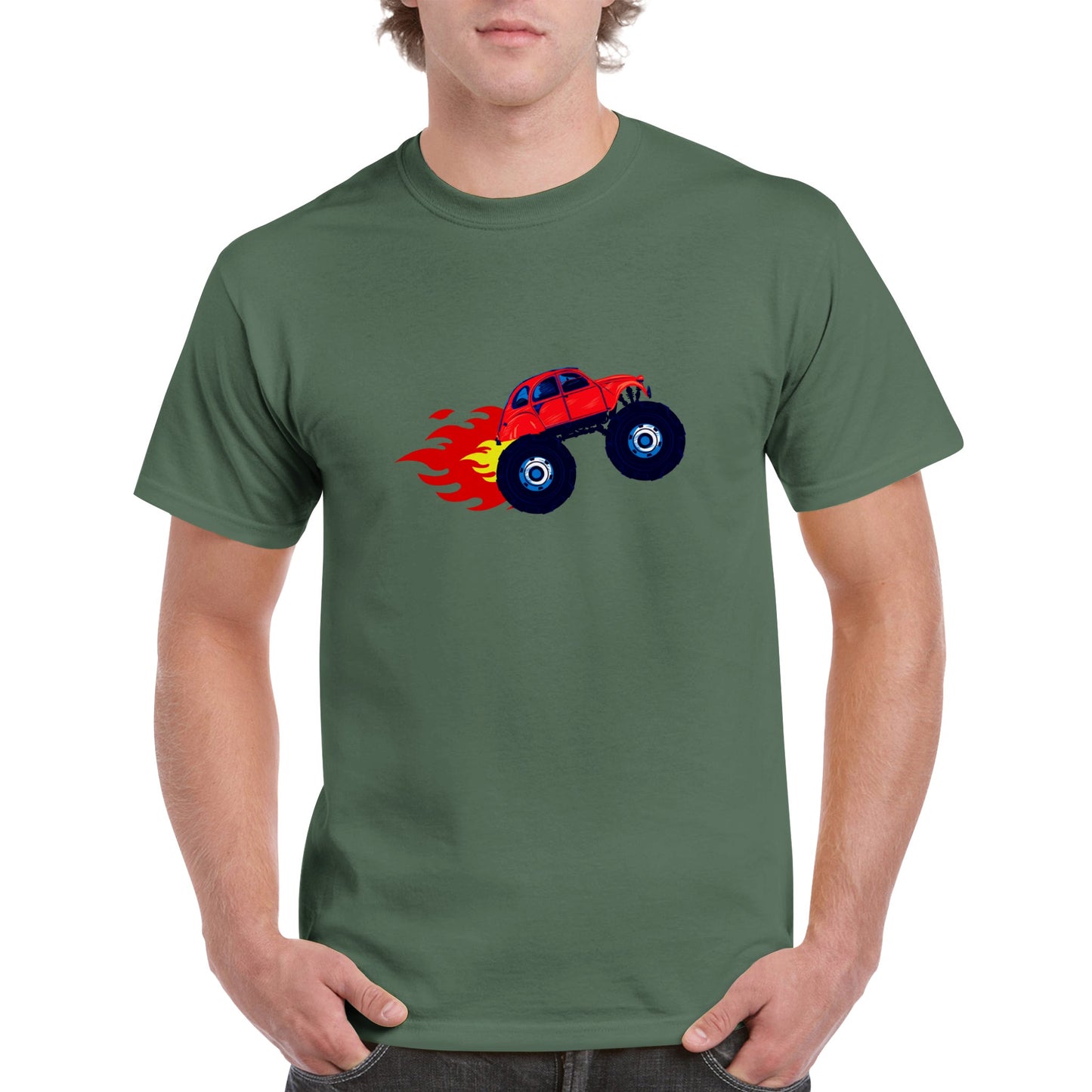 Heavyweight Unisex Crewneck T-shirt - Monster Truck -2CV with Fire Blaze