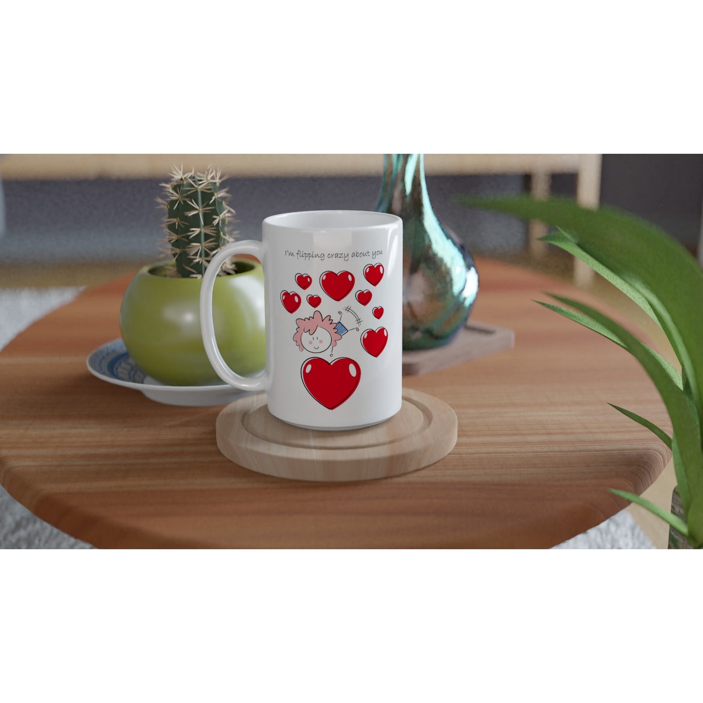 White 15oz Ceramic Mug - Girl doing a Flip Between Hearts - Valentine