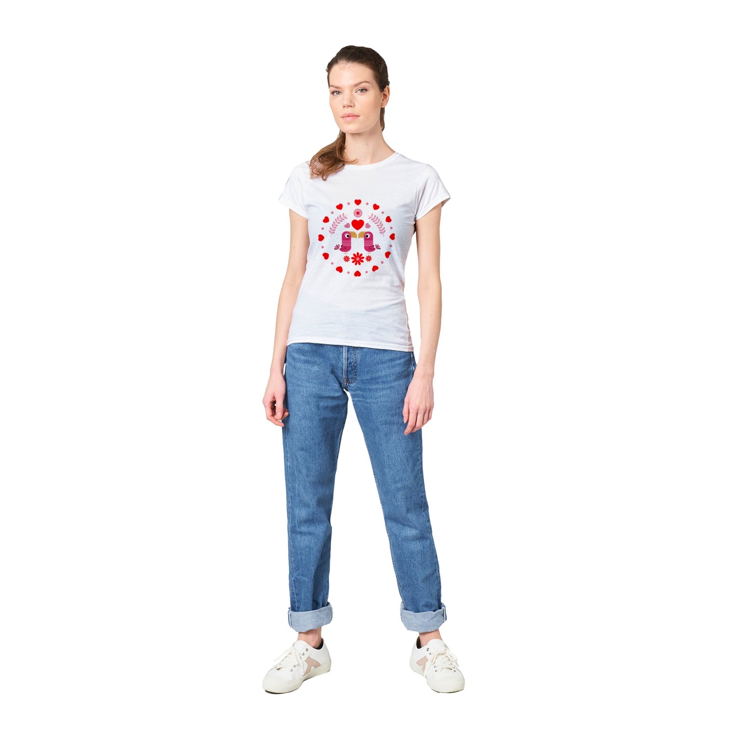 Classic Womens Crewneck T-shirt - Birds Mirrored with Floral-Botanical and Circling Hearts - Valentine