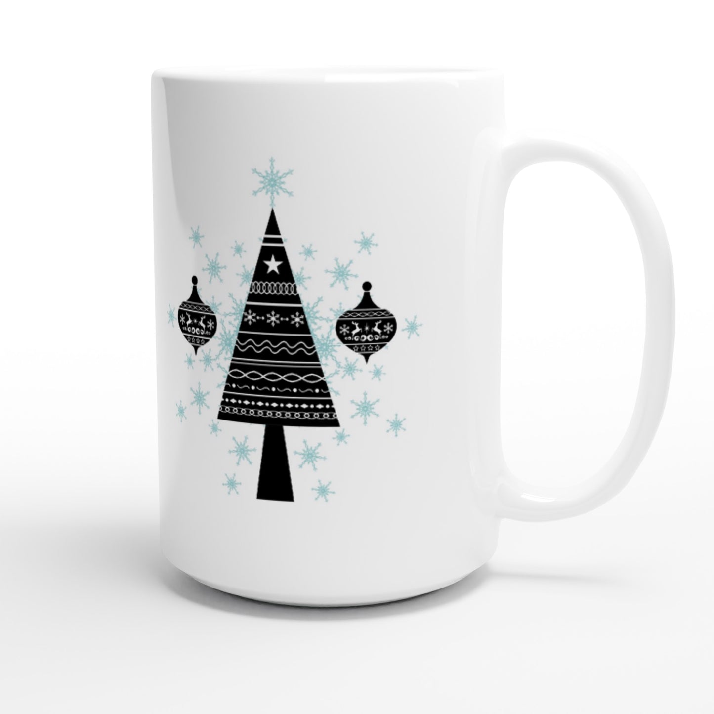 White 15oz Ceramic Mug  Decorative Christmas Tree-Baubles-Snow Crystals