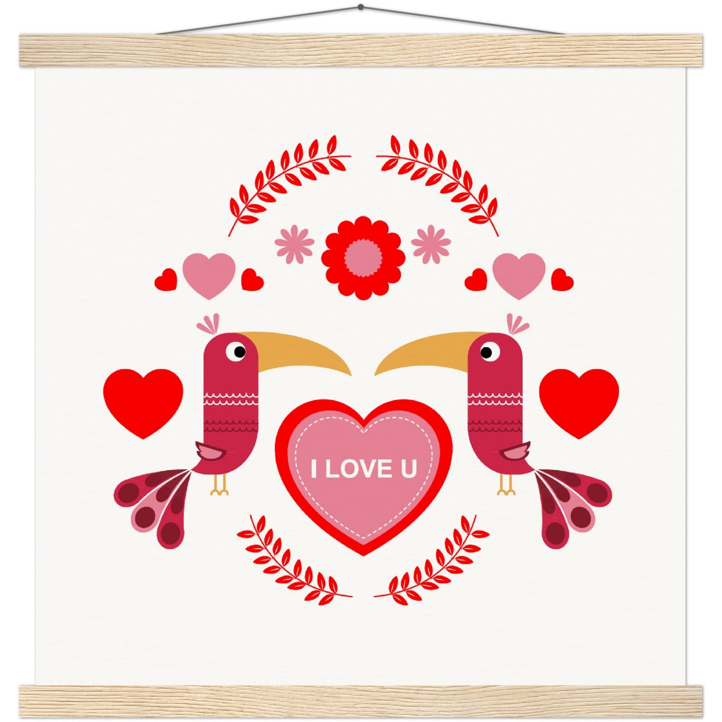 Museum-Quality Matte Paper Poster & Hanger - Birds Morrored with Floral-Botanical and Hearts - Valentine