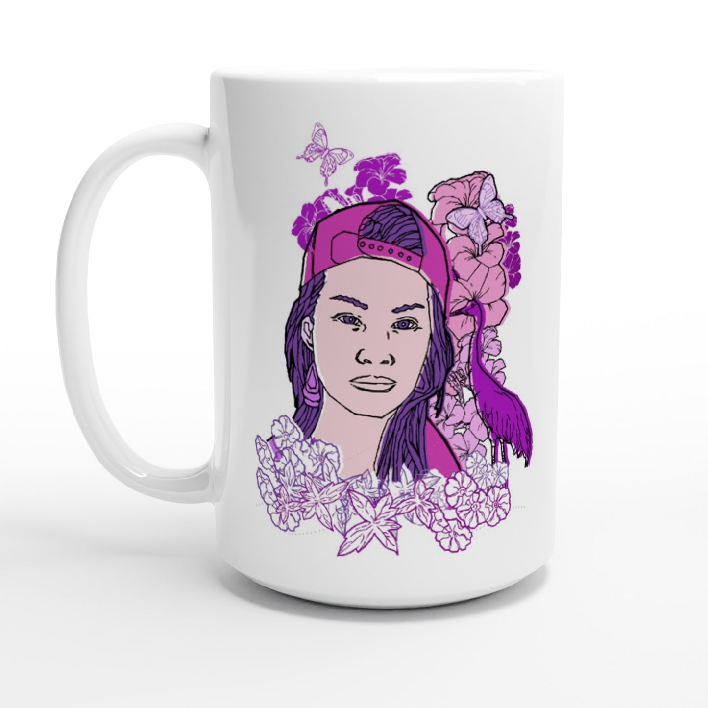 White 15oz Ceramic Mug - Girl In Pink-Nature And Floral