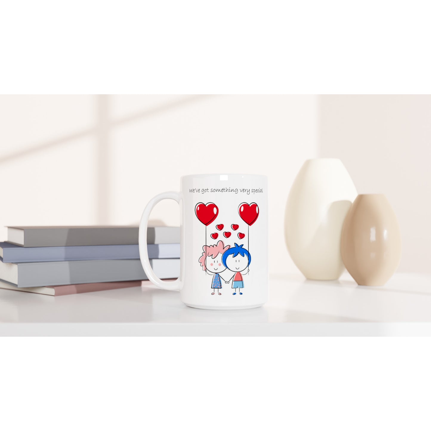 White 15oz Ceramic Mug - Couple Holding Heart Shaped Balloons - Valentine