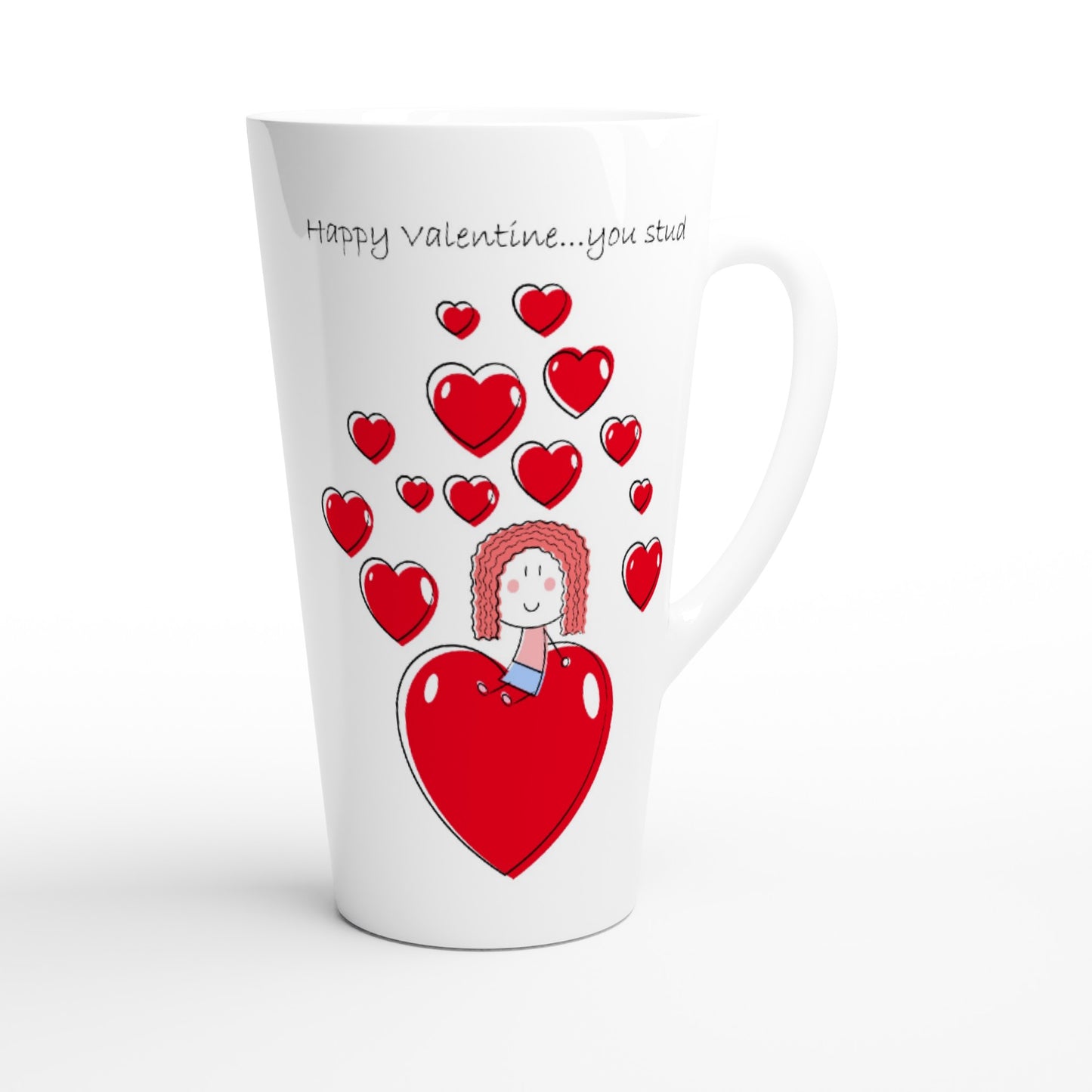 White Latte 17oz Ceramic Mug - Girl sitting on Heart - Valentine