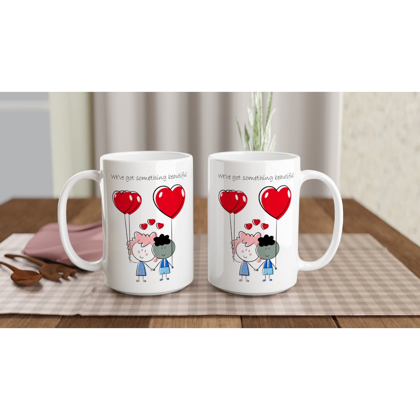 White 15oz Ceramic Mug - Couple Holding Heart Shaped Balloons - Valentine