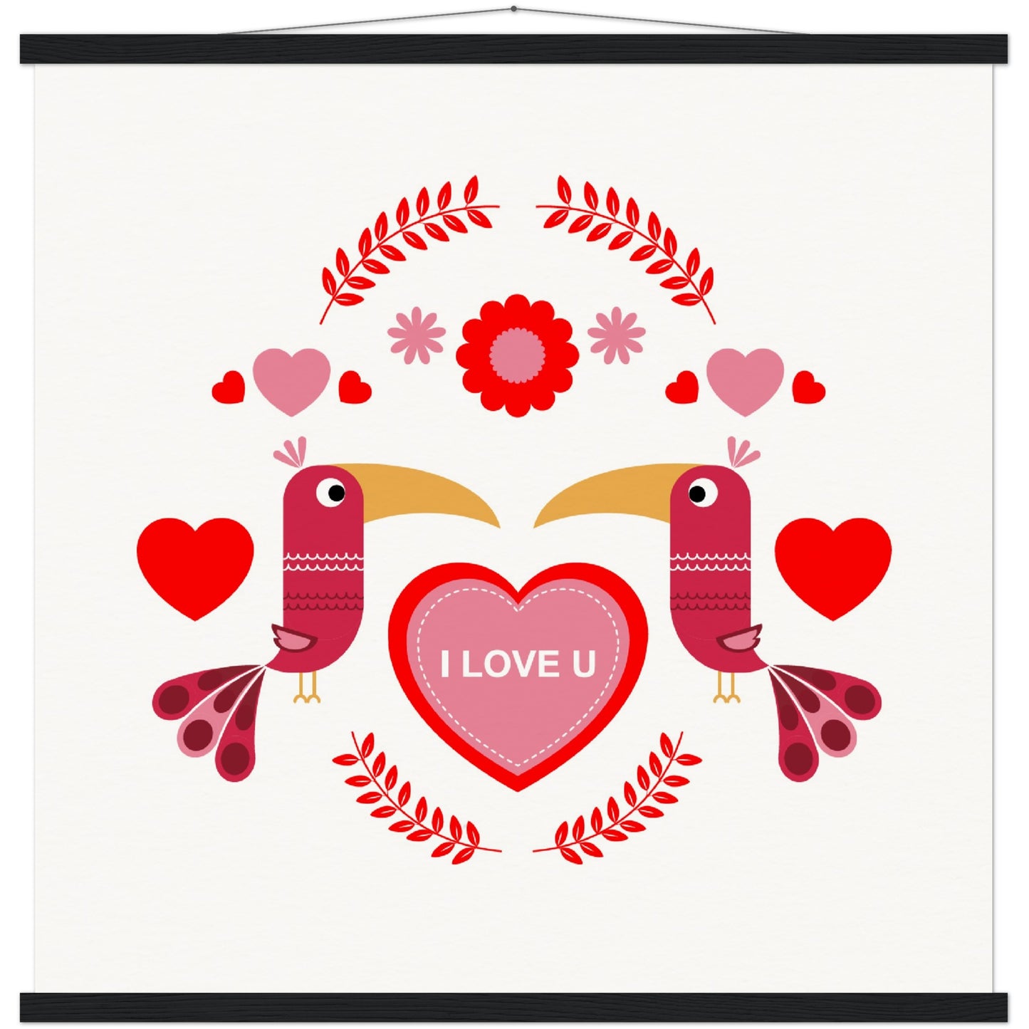 Museum-Quality Matte Paper Poster & Hanger - Birds Morrored with Floral-Botanical and Hearts - Valentine