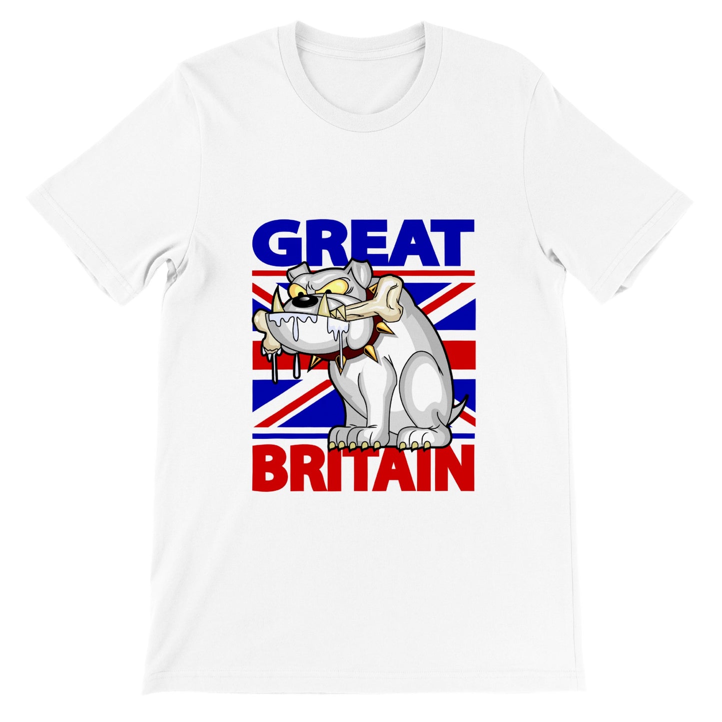 Premium Unisex Crewneck T-shirt - Cartoon Bulldog with bone and Union Jack Flag